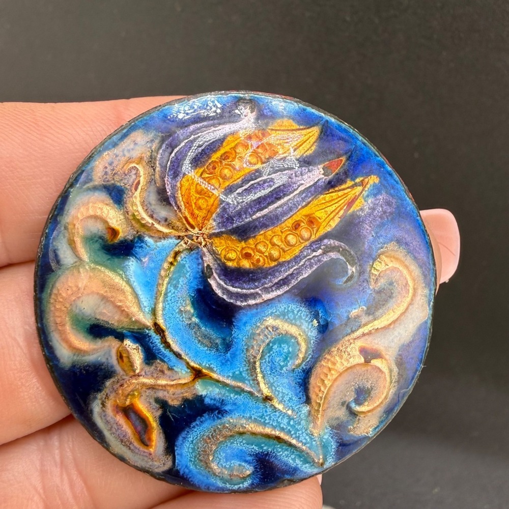 Vintage‎ Enamel Brooch Round Blue